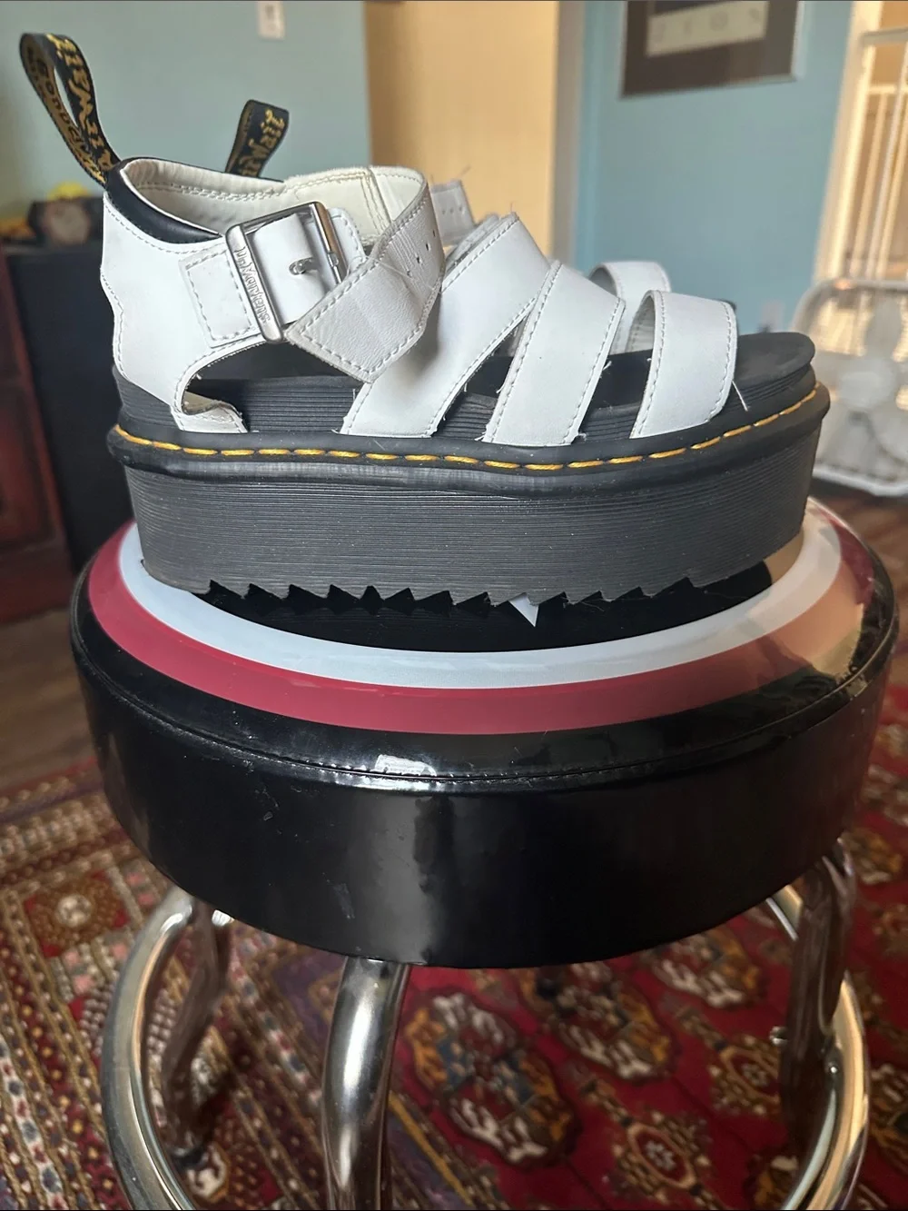 Dr. Martens White Leather Strappy Platform Sandals with Black Sole - Blaire Quad